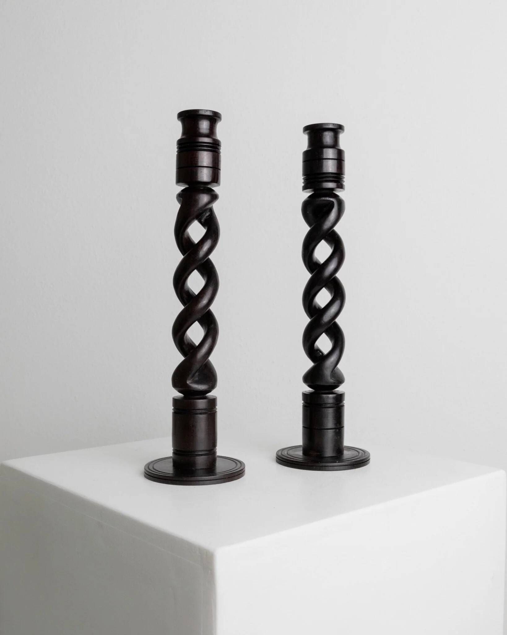 Dark Wood Candle Holders, Vintage 1970s Italy, Barley-Twist Design, Set of 2, Boho Table Decor