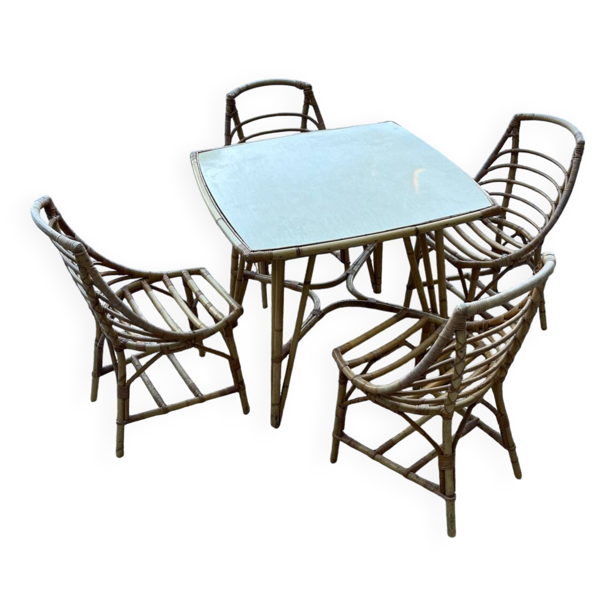 Table et 4 chaises en rotin, 1960-1970
