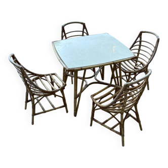 Table et 4 chaises en rotin, 1960-1970