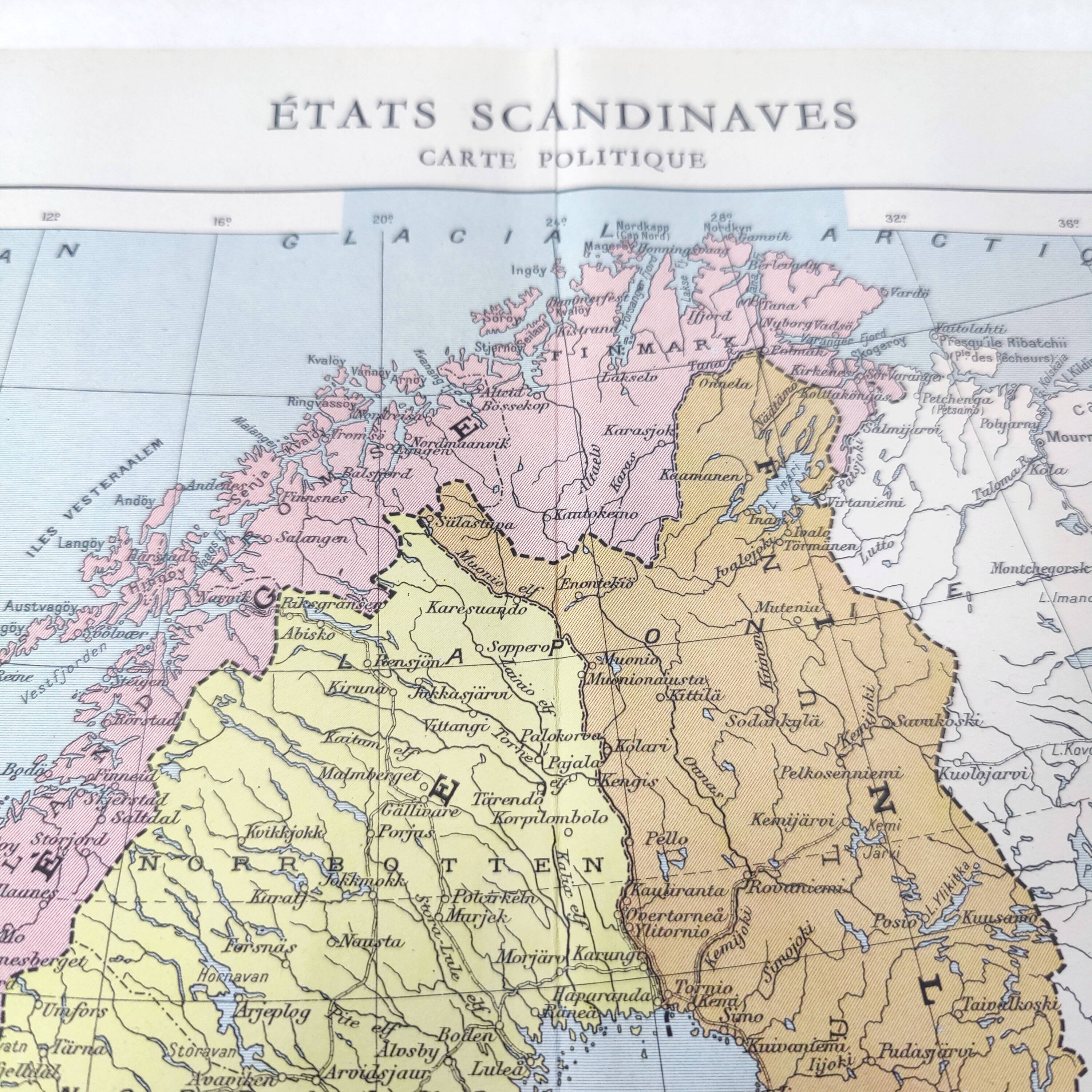 Carte ancienne  Scandinavie Norvège Suède Finlande 43x43cm de 1950