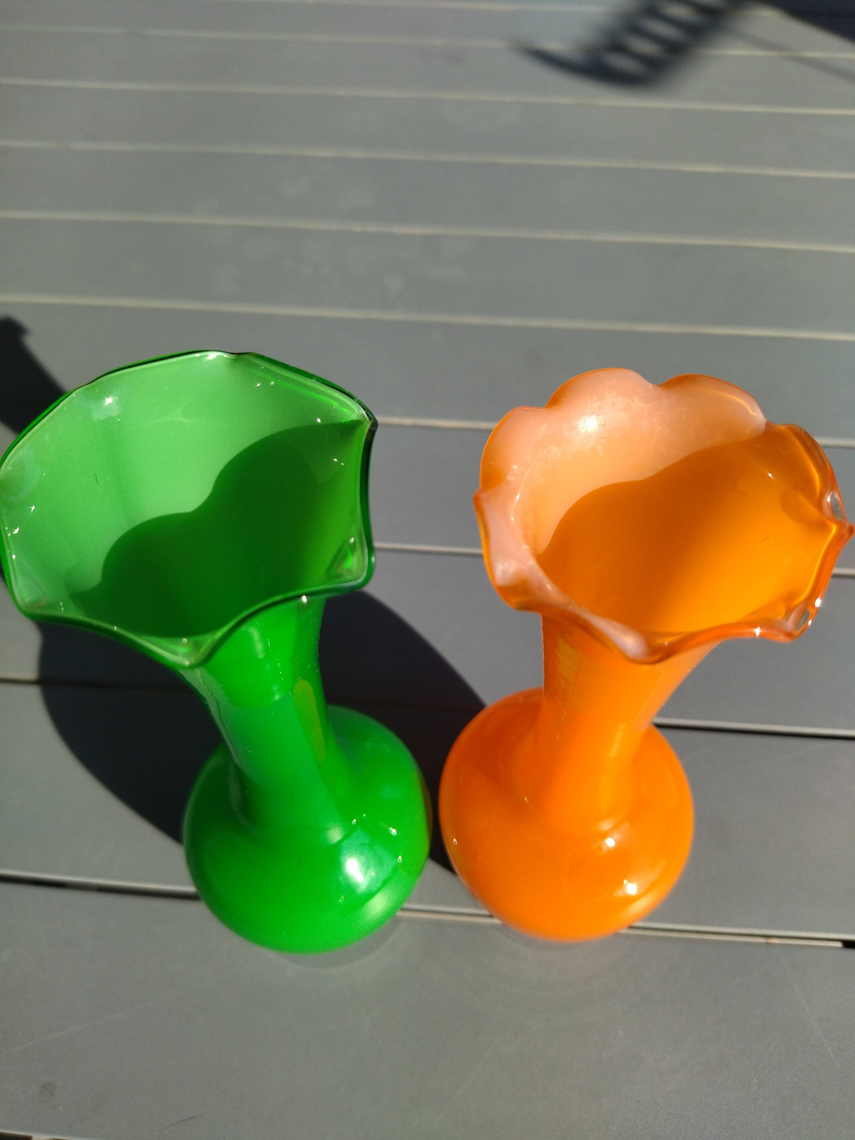 Pair of Vintage 70s Pop Art Opaline Vases – Green & Fluorescent Orange 20cm