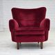 1960s, Danish armchair, cherry-red furniture velour, beech wood legs.