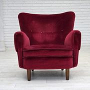 1960s, Danish armchair, cherry-red furniture velour, beech wood legs.