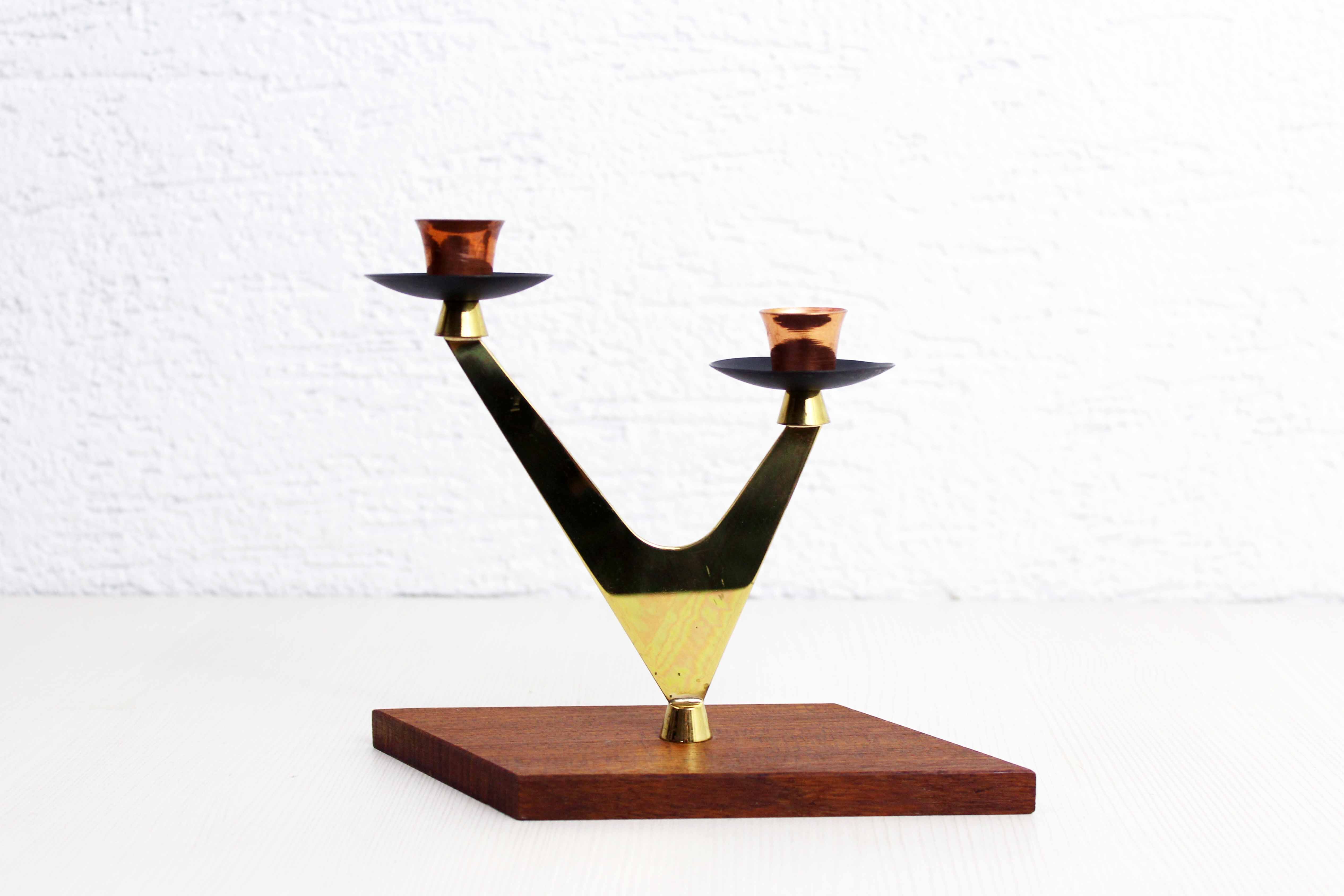 Double teak and brass candle holder