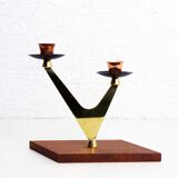 Double teak and brass candle holder
