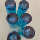 Six blue blown glass and enamel on copper glasses.