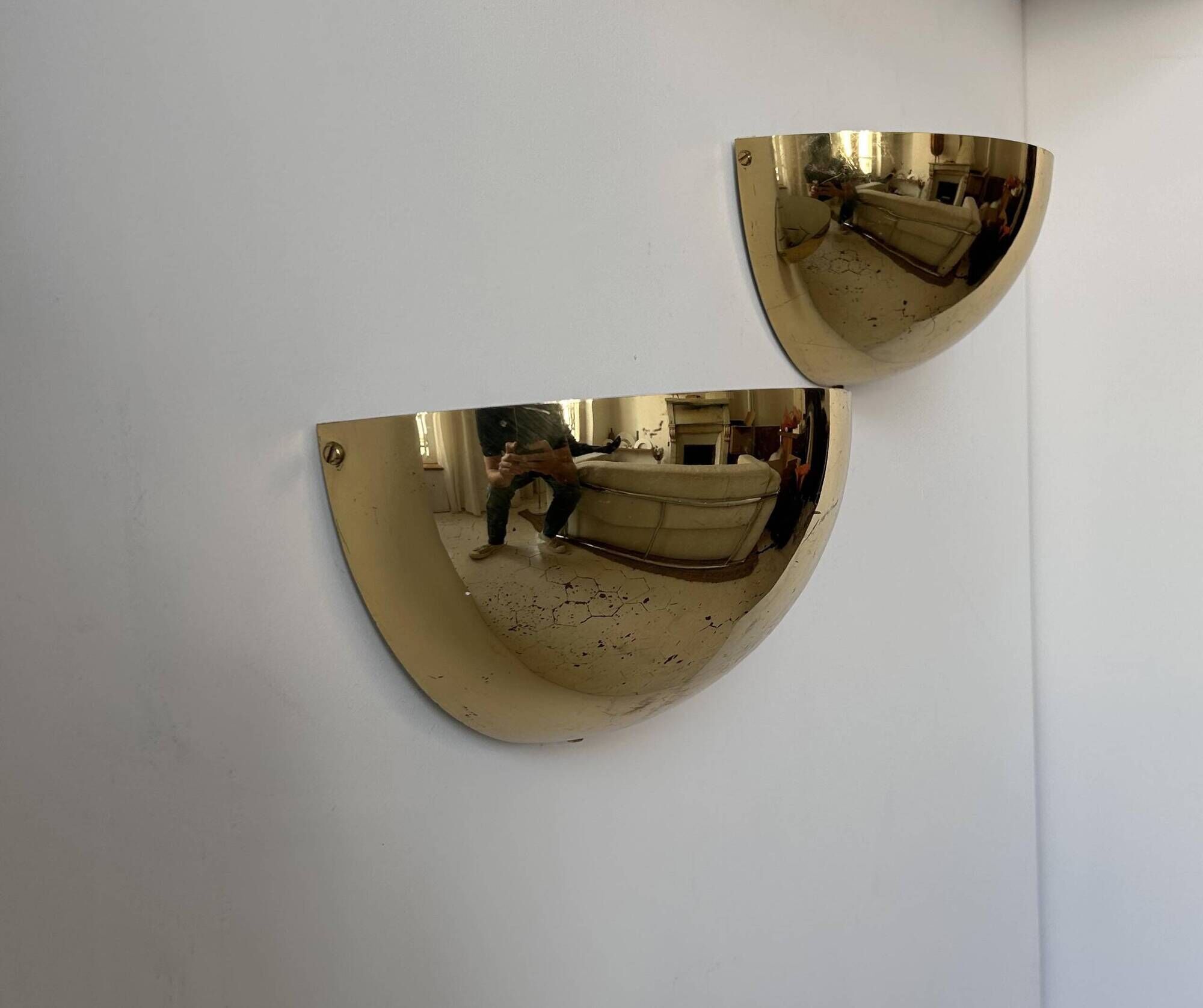 Pair of vintage half moon wall lights, brass, France 1970
