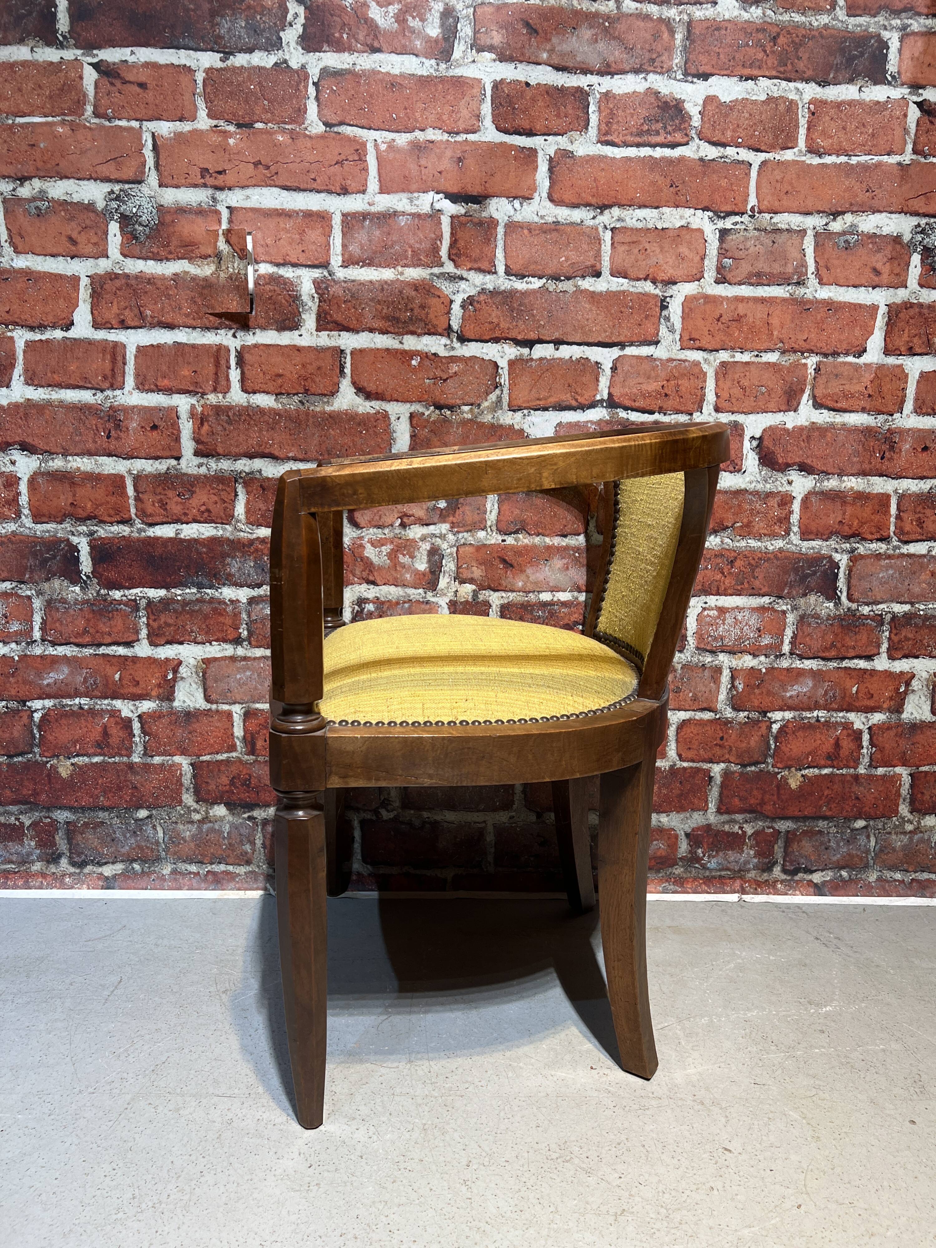 Set of a chair and an armchair in wood and yellow fabric