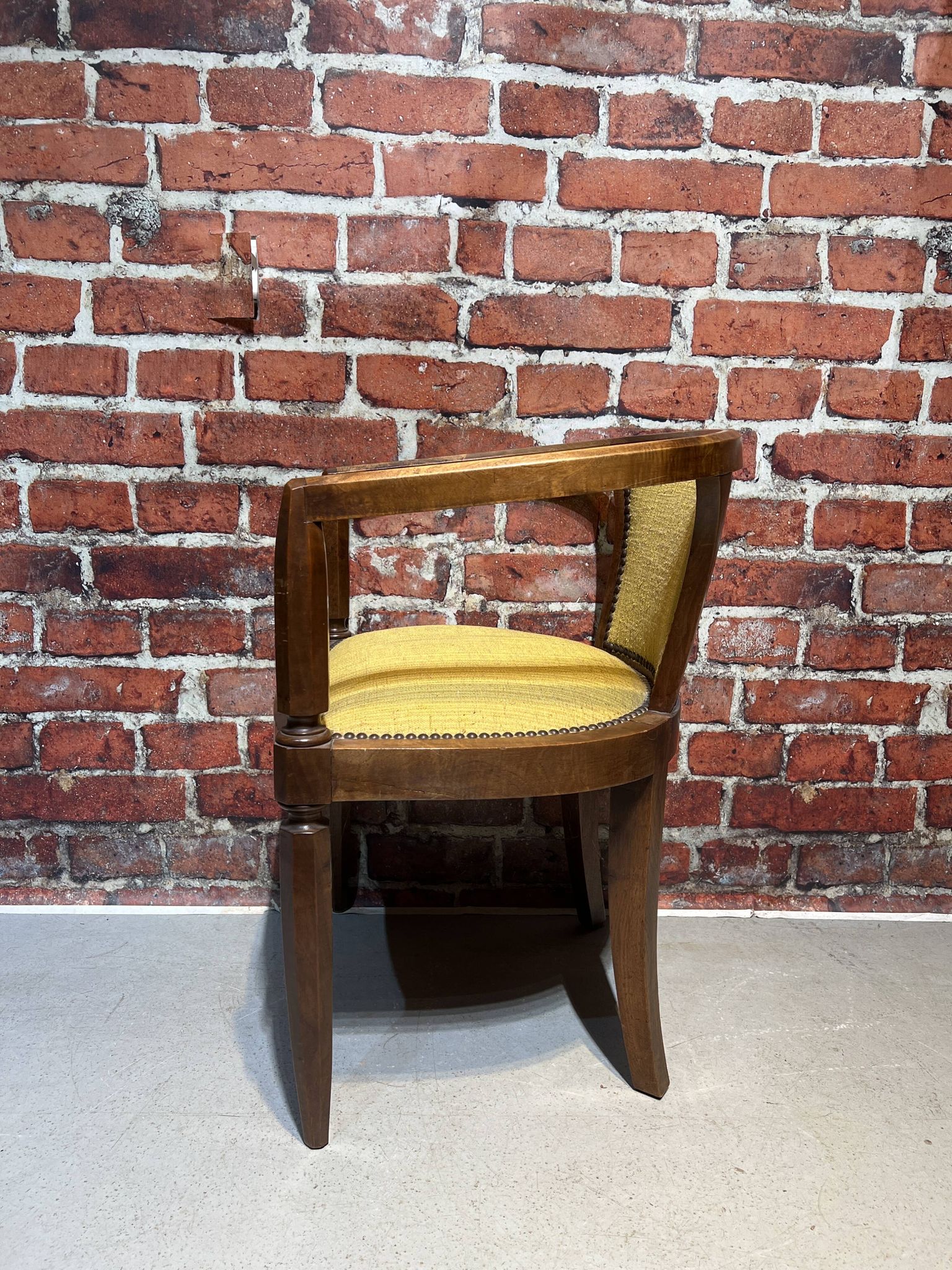 Set of a chair and an armchair in wood and yellow fabric
