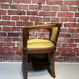 Set of a chair and an armchair in wood and yellow fabric