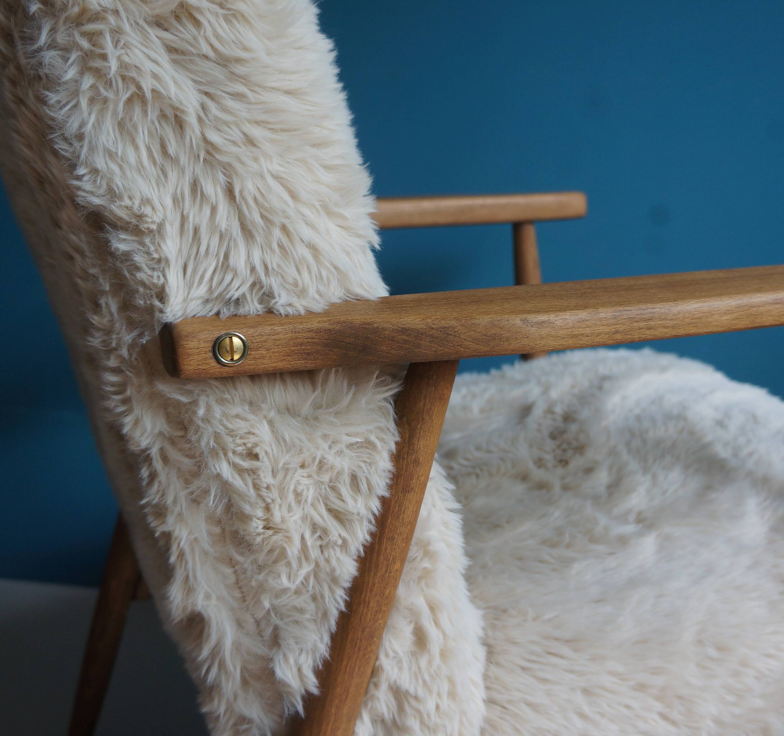 Vintage Armchair Mid-Century Beige Faux Fur Restored