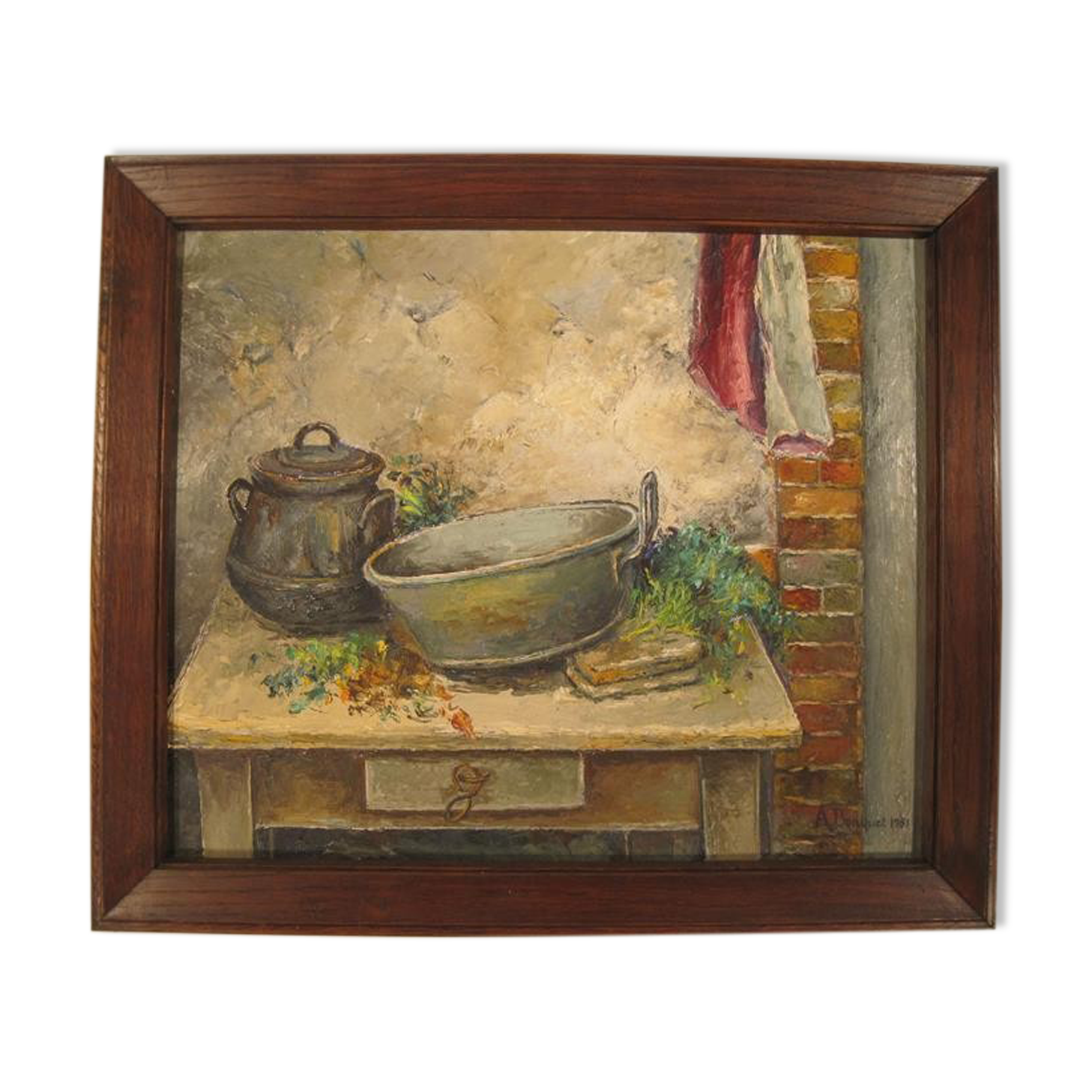 Peinture huile nature morte scène cuisine signé alphonsine bouquet 1951