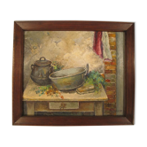 Painting oil still life scene kitchen signed alphonsine bouquet 1951
