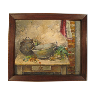 Painting oil still life scene kitchen signed alphonsine bouquet 1951