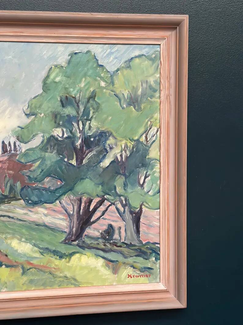 Original Swedish Oil on Canvas – "Landscape Composition" by Kramer – Signed – Vintage and Framed – 72 × 62 cm (28.3" × 24.4")