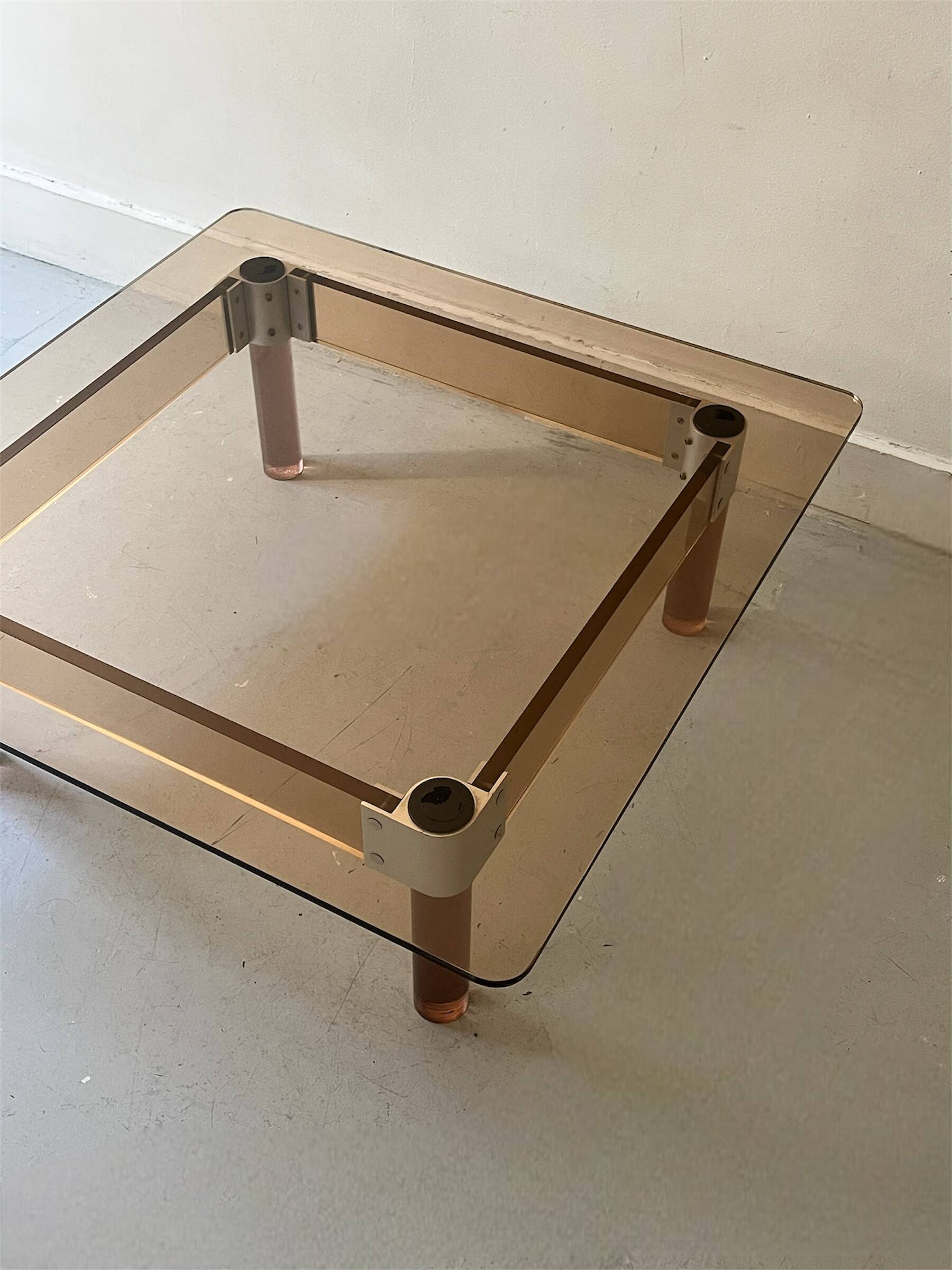 Square coffee table in smoked brown plexiglass and chrome, 1970s design