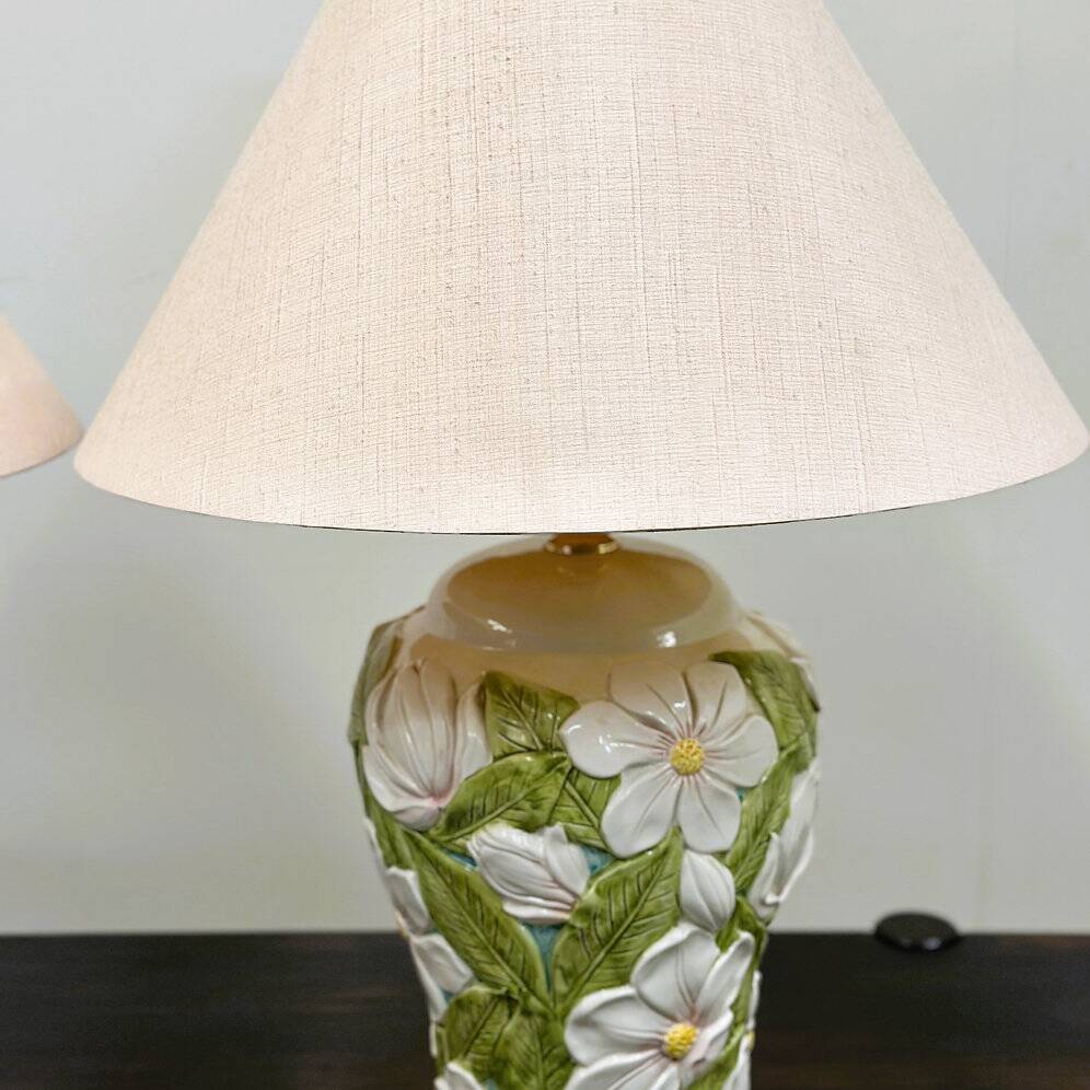 Pair of large vintage ceramic table lamps with 3D floral design, 1970s