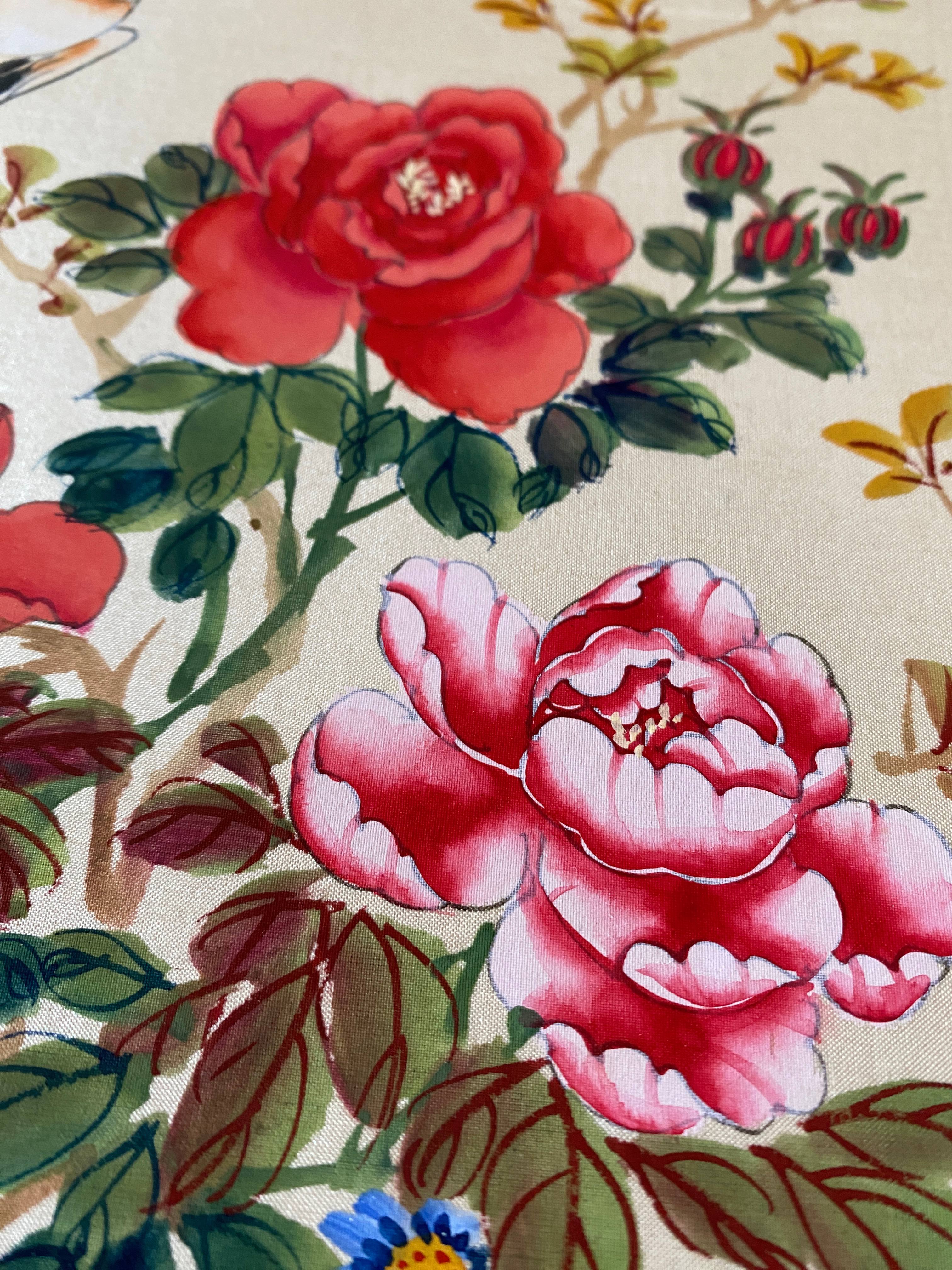 Paintings two watercolors on fabrics China flowers and birds frames XIX°