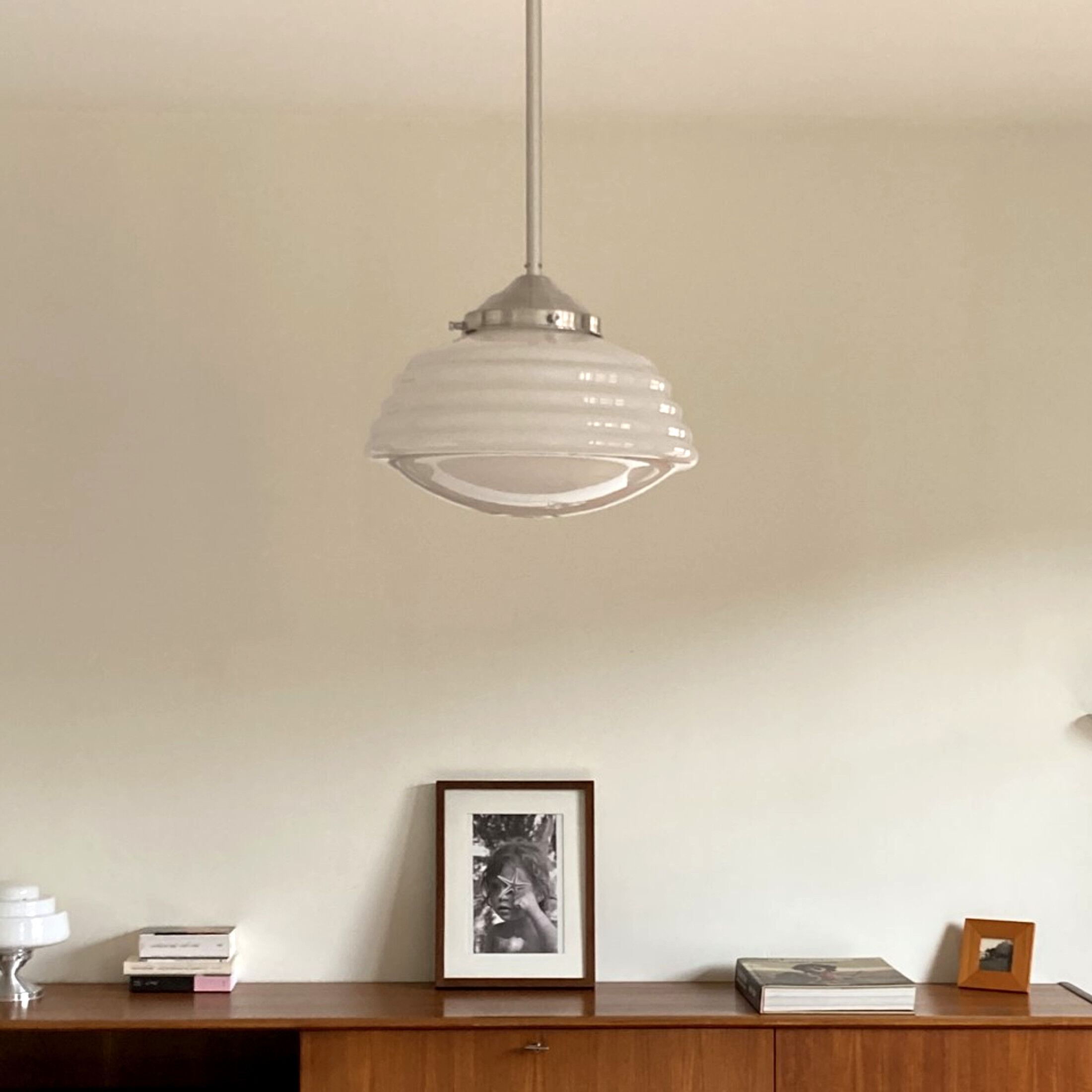 White opaline ceiling hanging aluminum rod 1950,1960