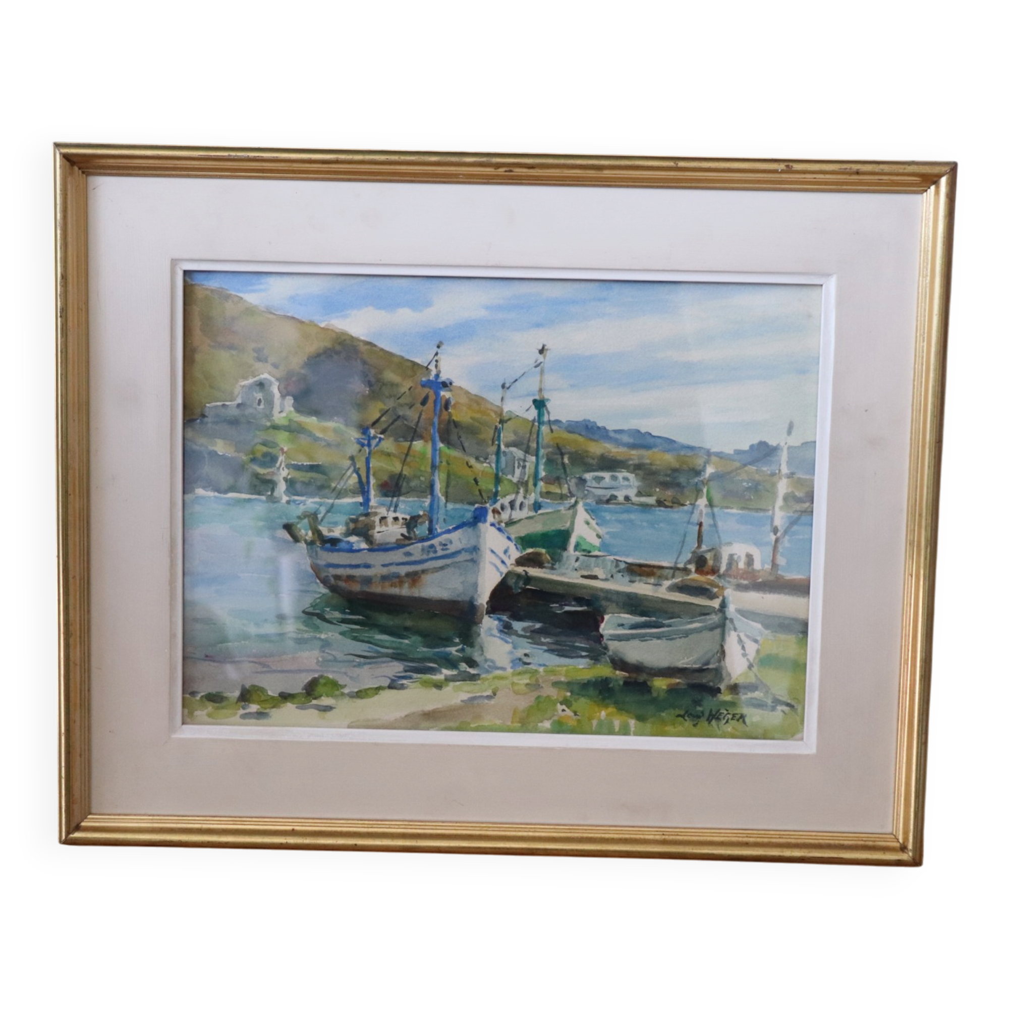 Watercolour painting "Trawlers at Anchor – Port-Vendres" signed Loui