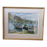 Watercolour painting "Trawlers at Anchor – Port-Vendres" signed Loui