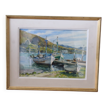 Watercolour painting "Trawlers at Anchor – Port-Vendres" signed Loui