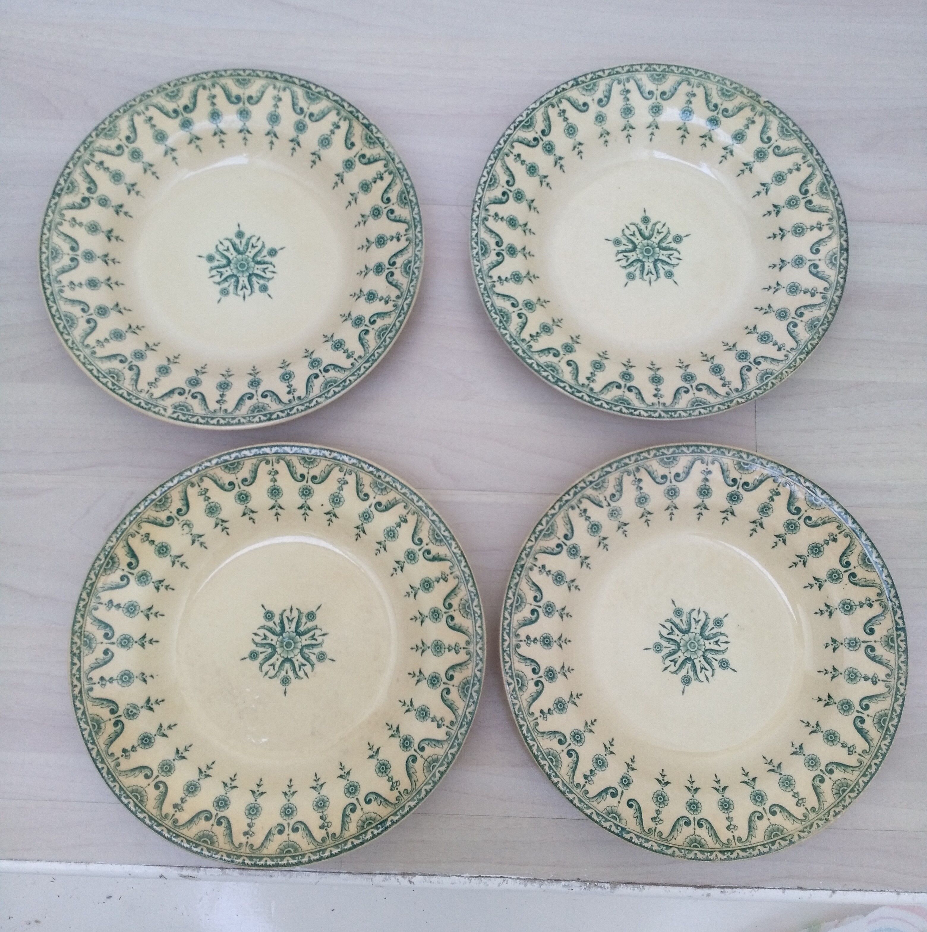 Lot of 4 hollow plates in opaque porcelain from Gien Iron Land model "Florentin" green
