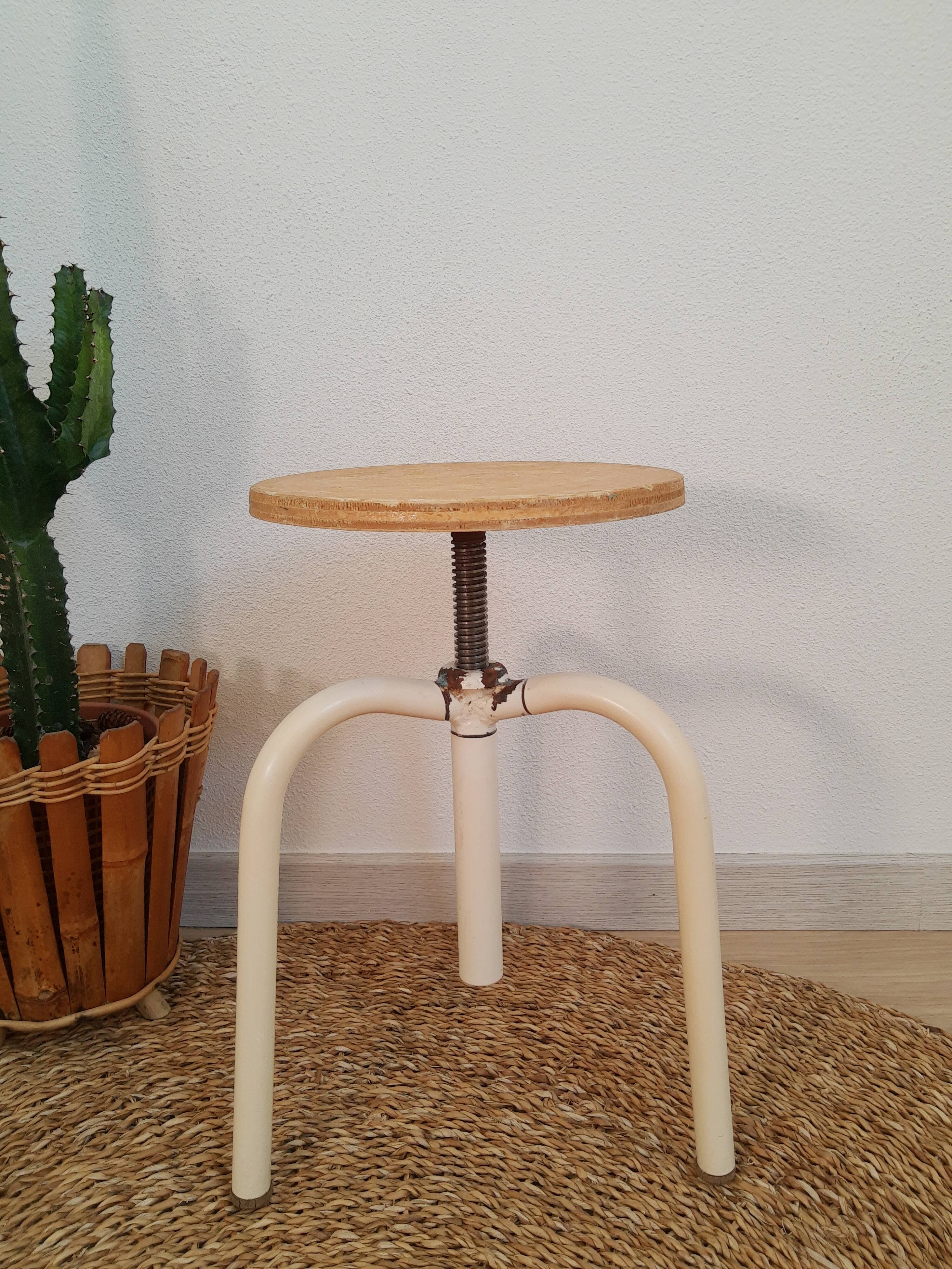 Wood & metal tripod workshop stool with industrial screws
