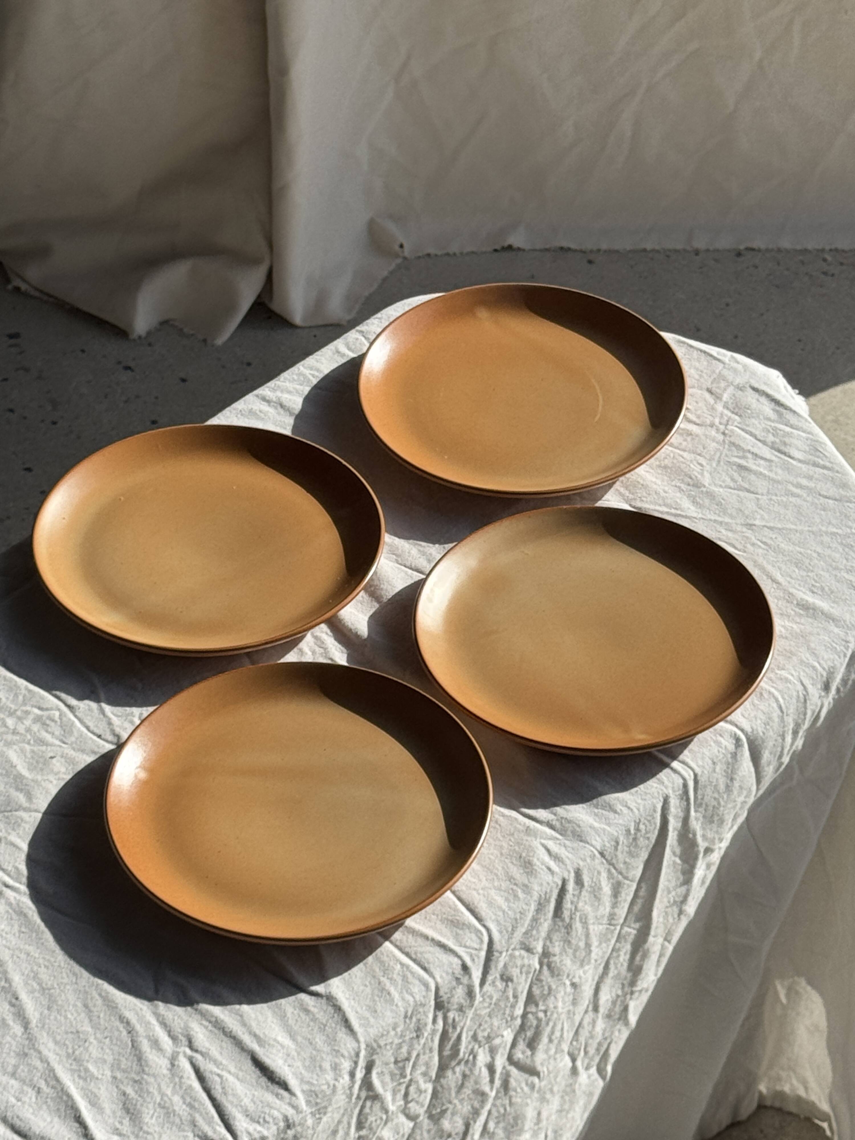 Set of 4 flat dinner plates in stoneware, no brand underneath.