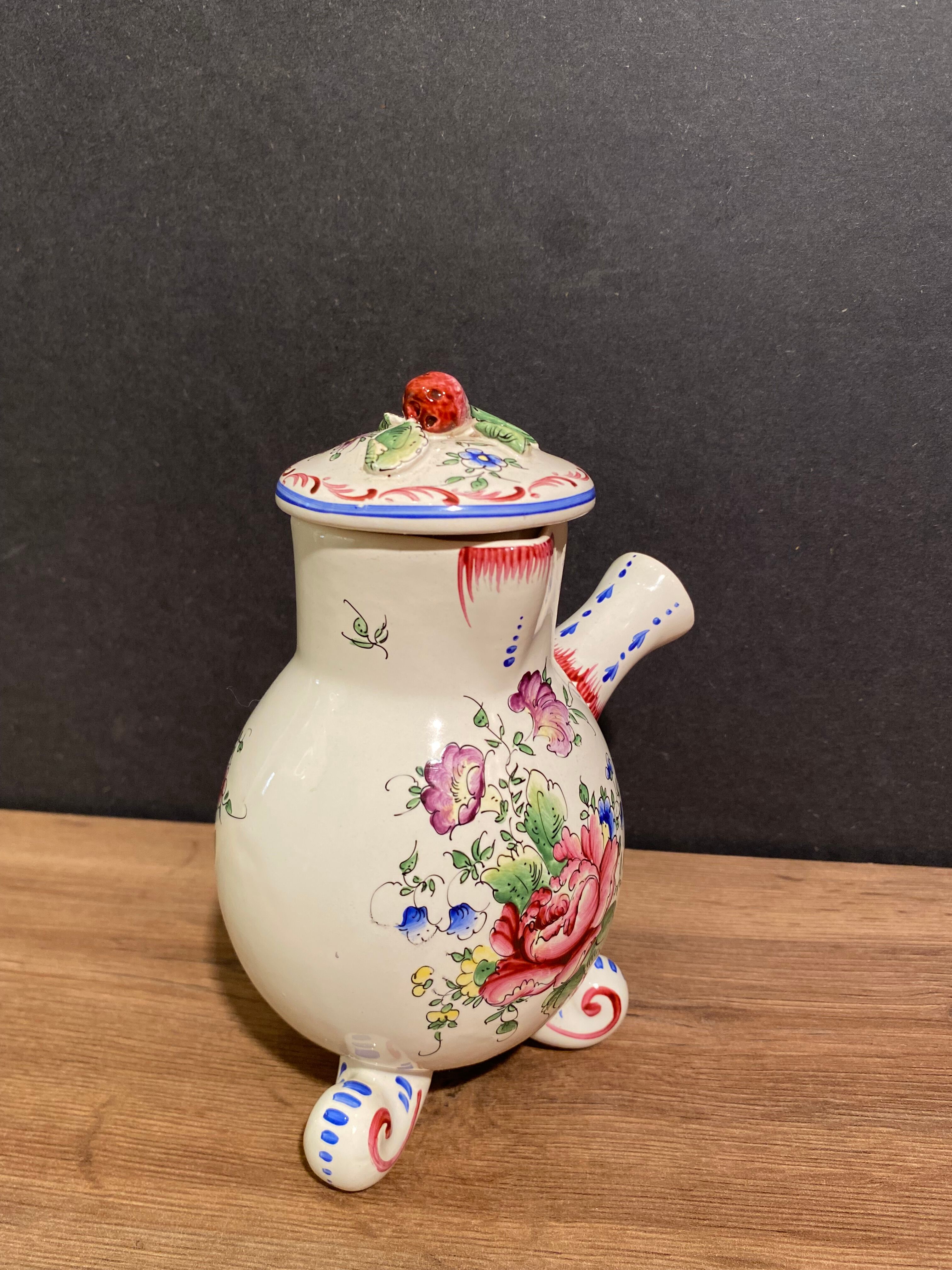 Clamecy earthenware chocolate pourer with polychrome floral decoration