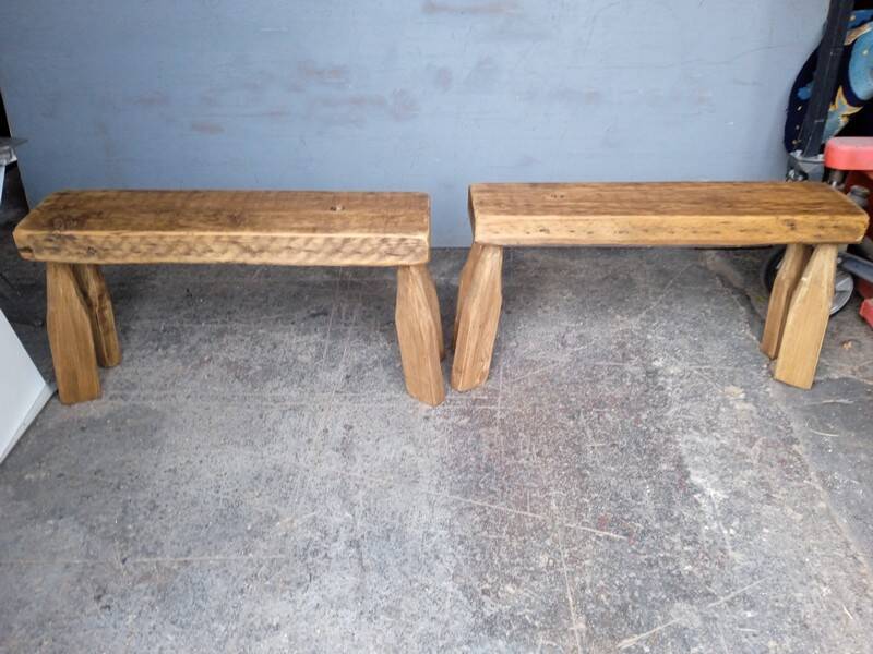 Pair of 2 patinated solid wood benches / stools