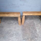 Pair of 2 patinated solid wood benches / stools
