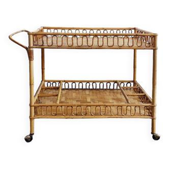 1960s Bamboo & Rattan Serving Bar Cart Trolley by Franco Albini. Made in Italy