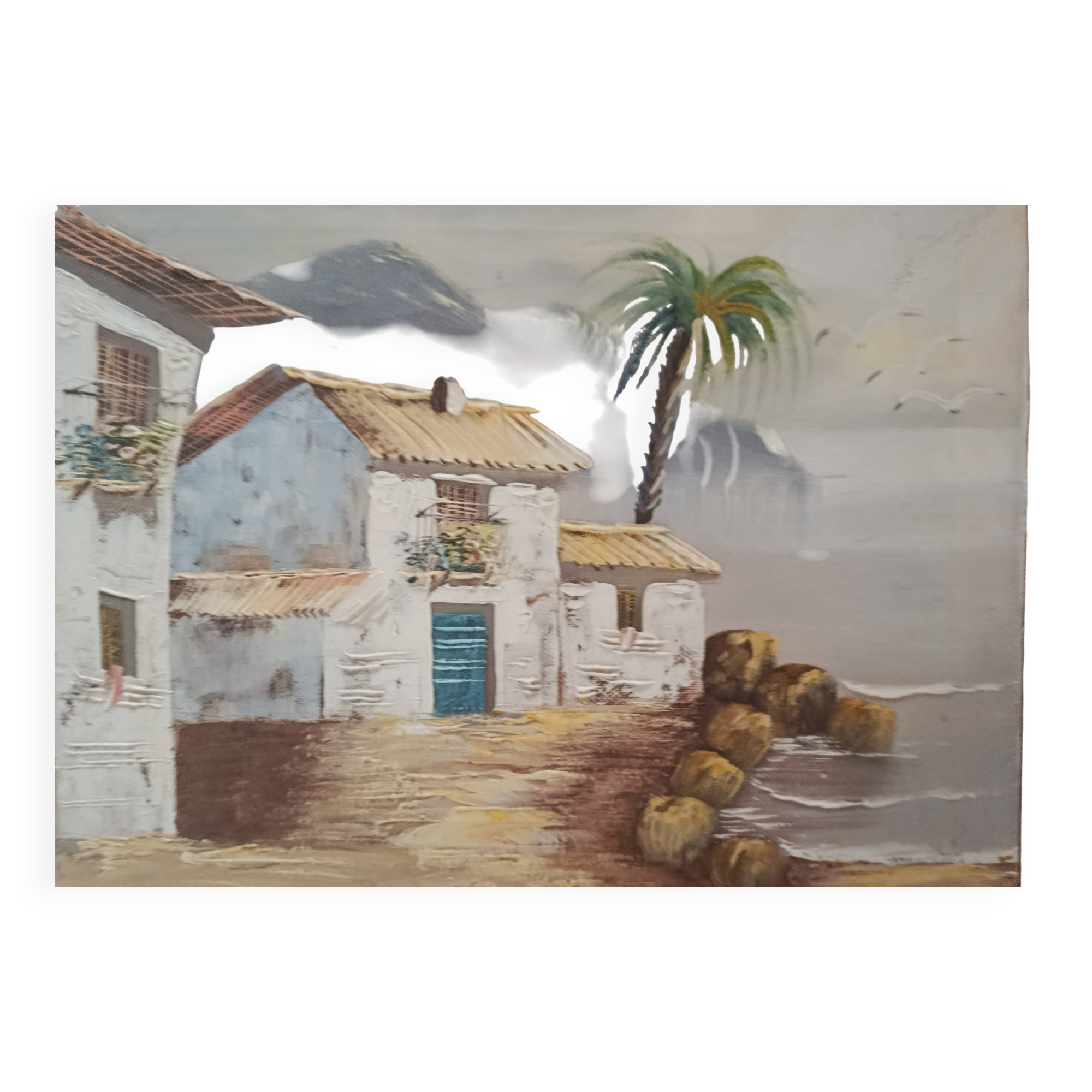 Hst 20th century signed solana: fishermen's houses, palm tree, tenerife, canary islands, spain