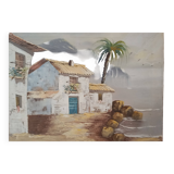 Hst 20th century signed solana: fishermen's houses, palm tree, tenerife, canary islands, spain