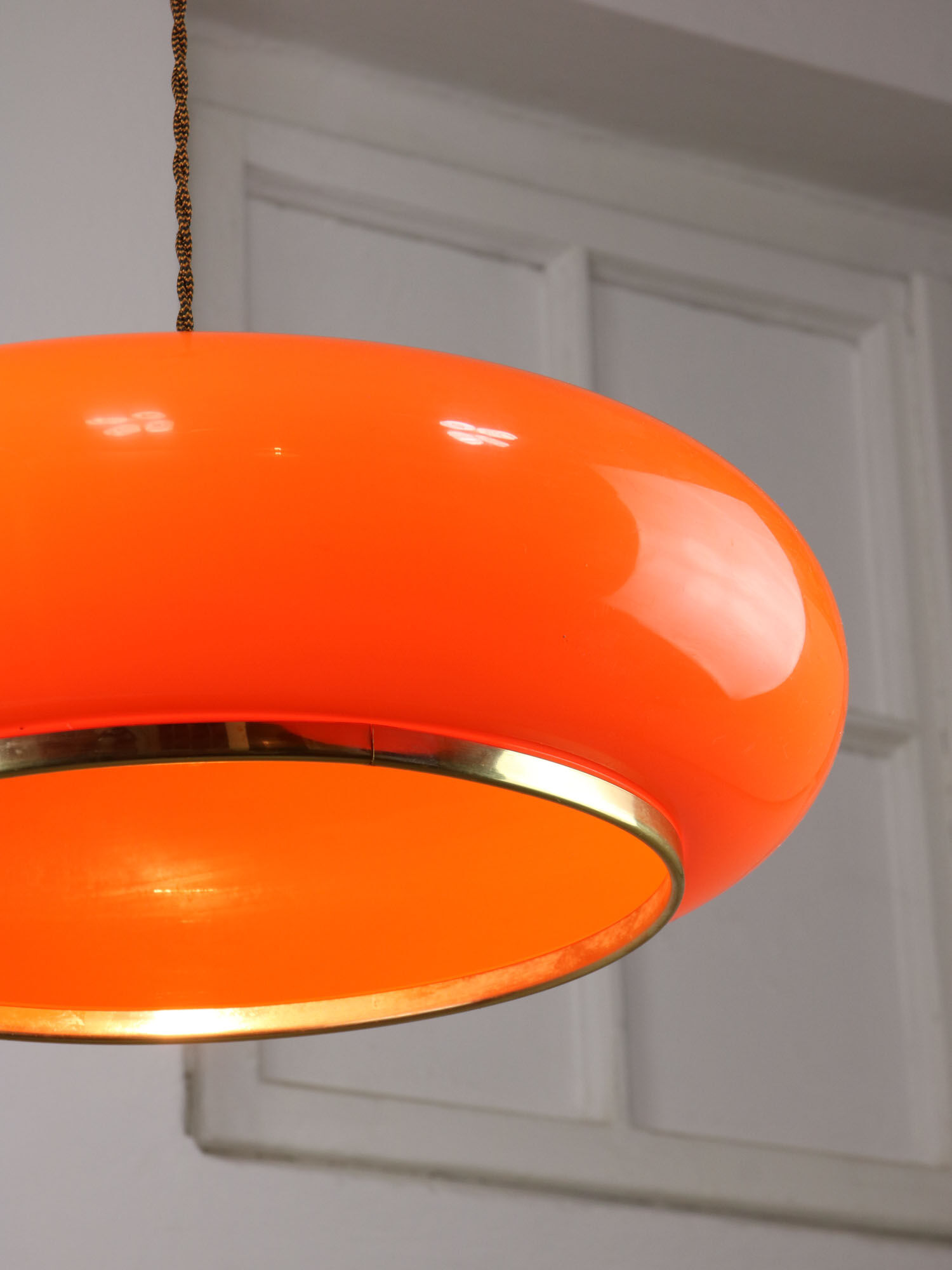 Space-age orange brass and plexiglass pendant lamp 70s