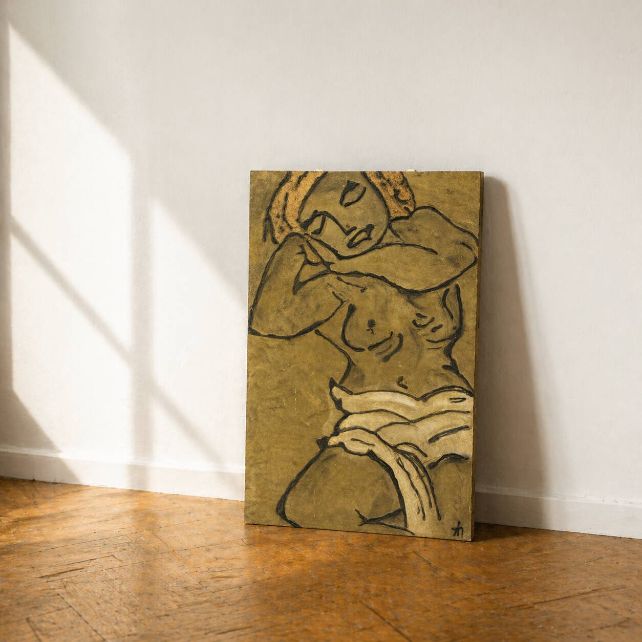 Vintage style figurative painting in expressionist style on canvas.