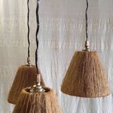 Scandinavian style three-light pendant in teak and sisal - 1960s/70s
