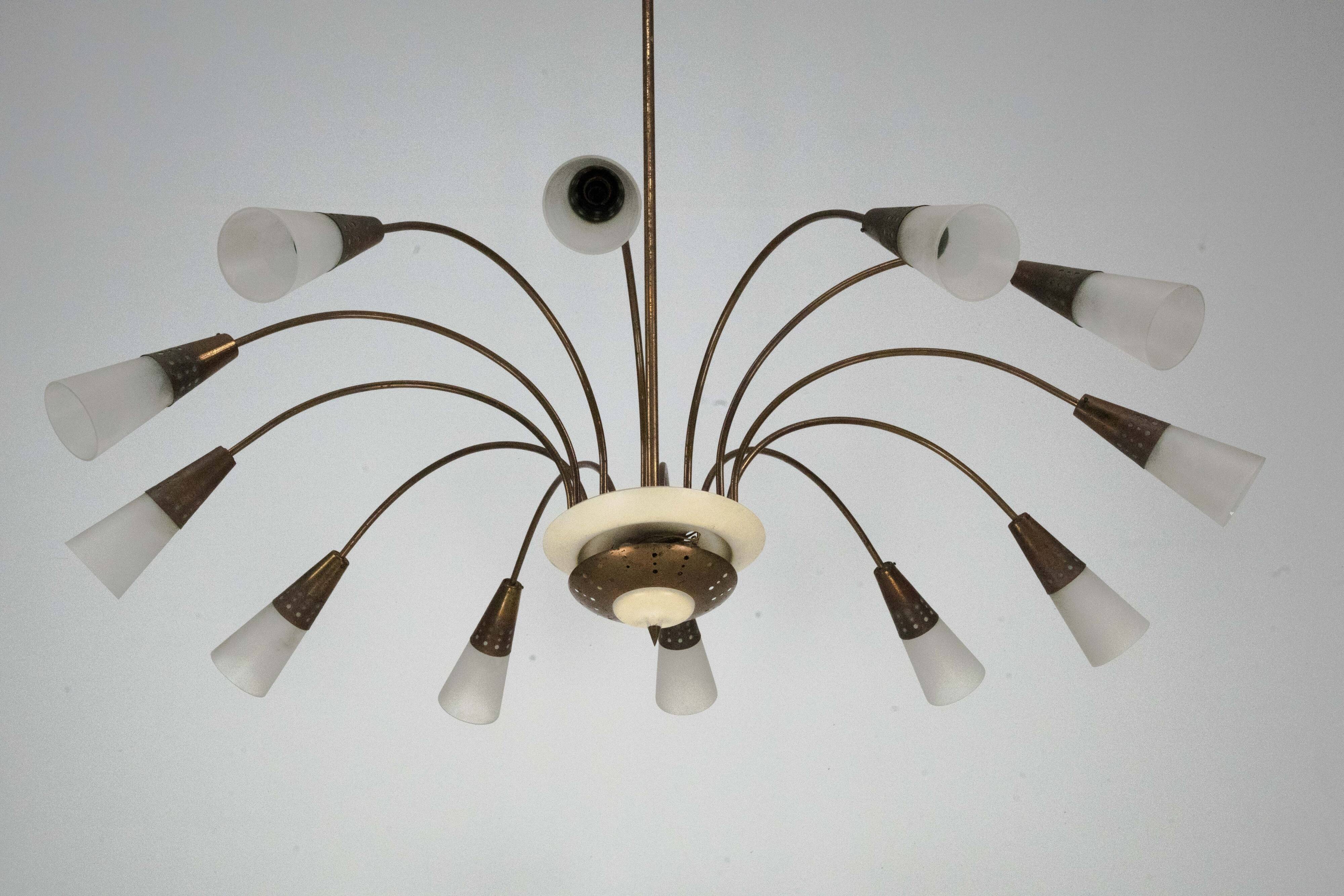 Large Italian Mid-Century Sputnik Brass Chandelier with Satin Glass, 1950s