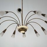 Large Italian Mid-Century Sputnik Brass Chandelier with Satin Glass, 1950s