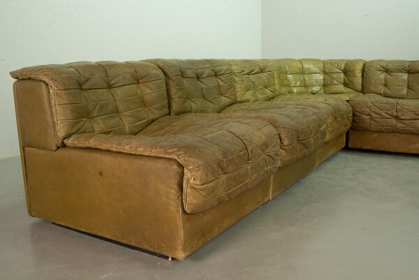 Canapé modulaire De Sede DS11 en cuir vert olive, 6 éléments. Années 1970.