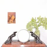 Art deco lamp, marble, globe, opaline and greyhounds in regulation, 1930