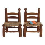 Low fireplace chairs, French, wood and straw set of 2