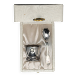 Duo of egg cup and its small white metal spoon (silverware) Ercuis