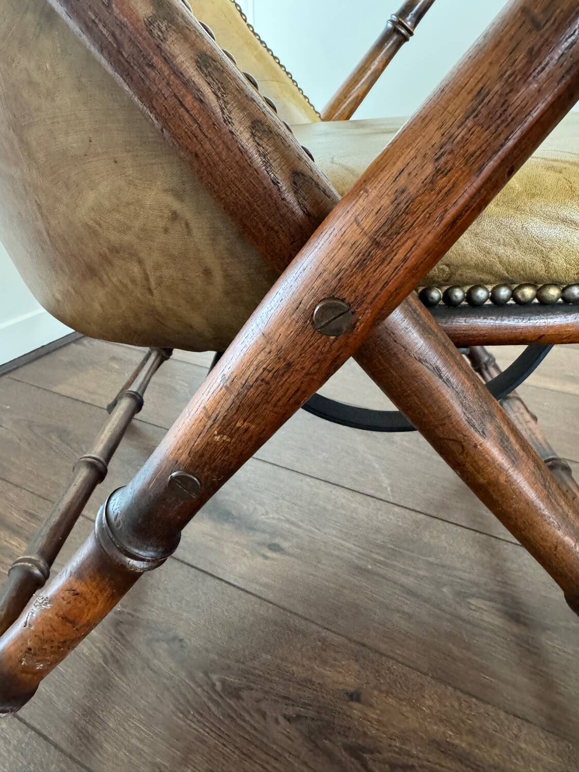 Vintage Faux bamboo, leather campaign folding chair by Maison Jansen, 1950s