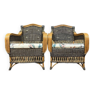 After Henry Link: pair of large quality rattan armchairs circa 1940