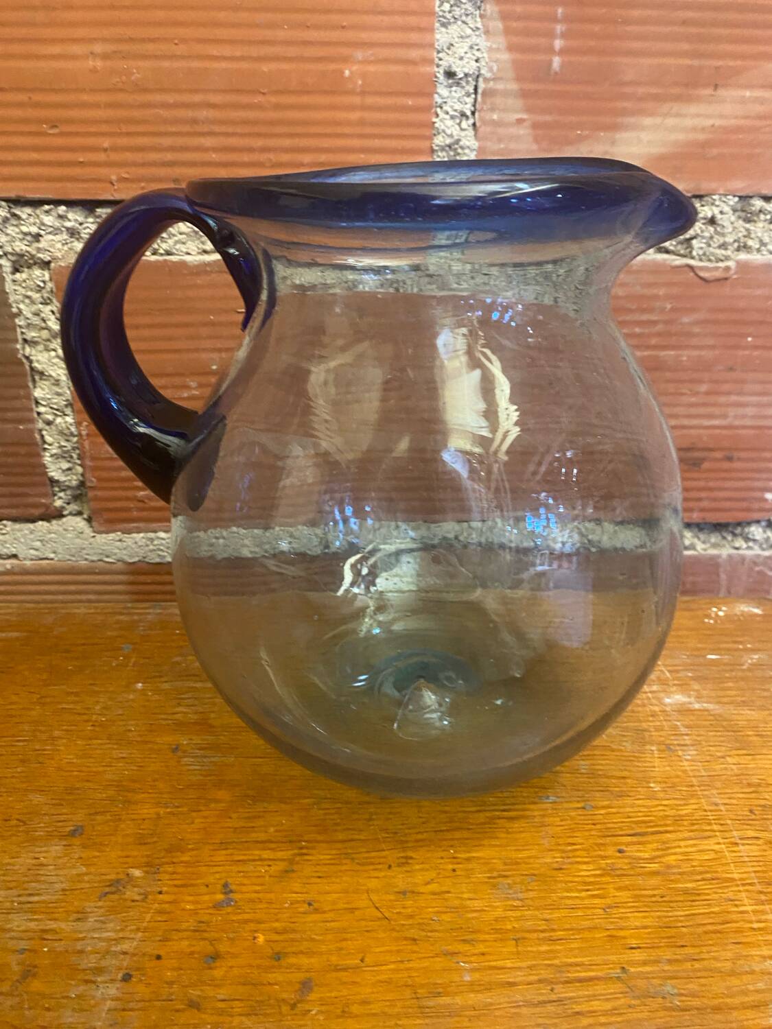 Antique Blown Bubble Glass Pitcher Transparent & Cobalt Blue 2L Vintage