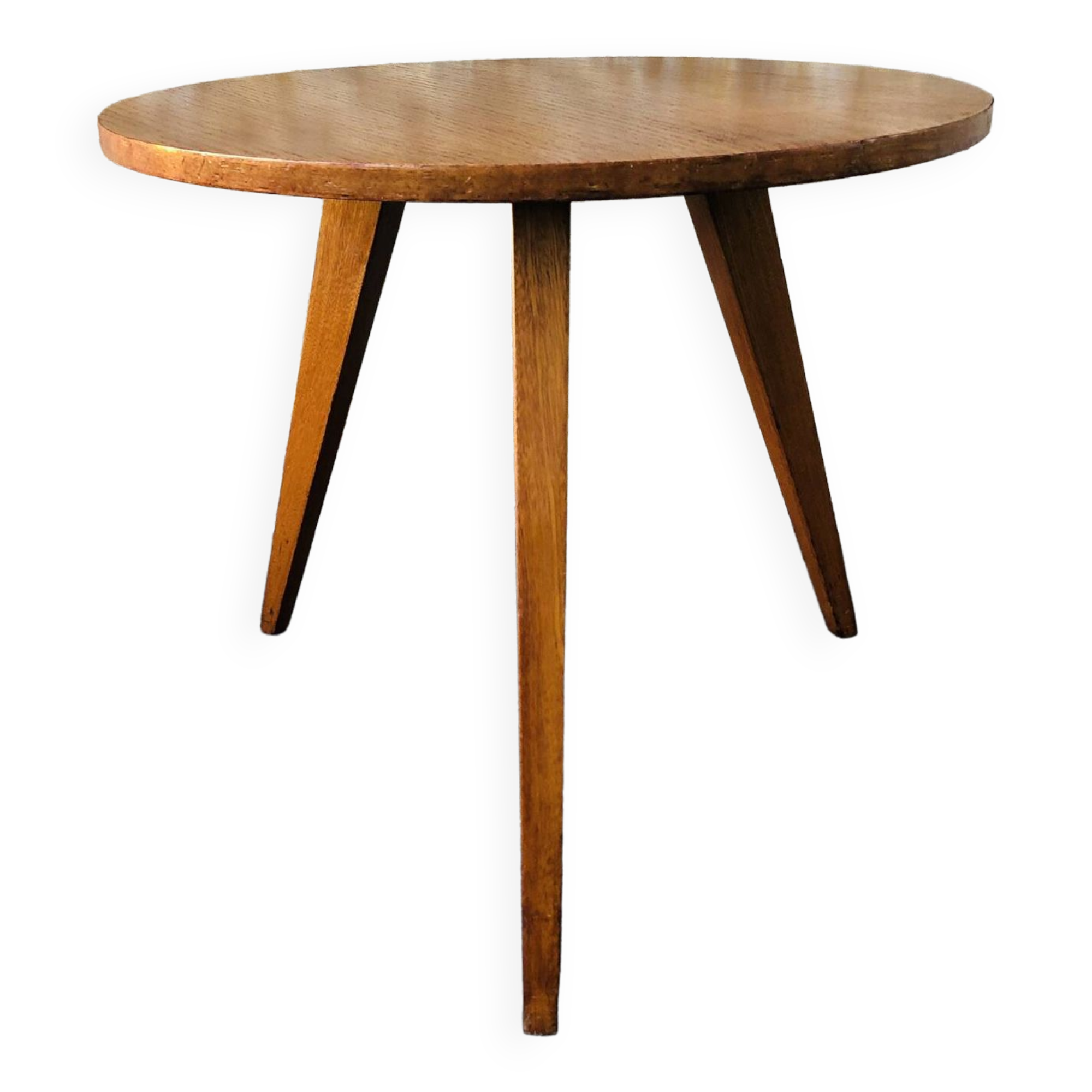 Vintage round coffee table, oak tripod legs circa 60