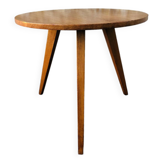 Vintage round coffee table, oak tripod legs circa 60