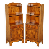 Pair of vintage English hardwood bookcases in a cascade style with cupboards.